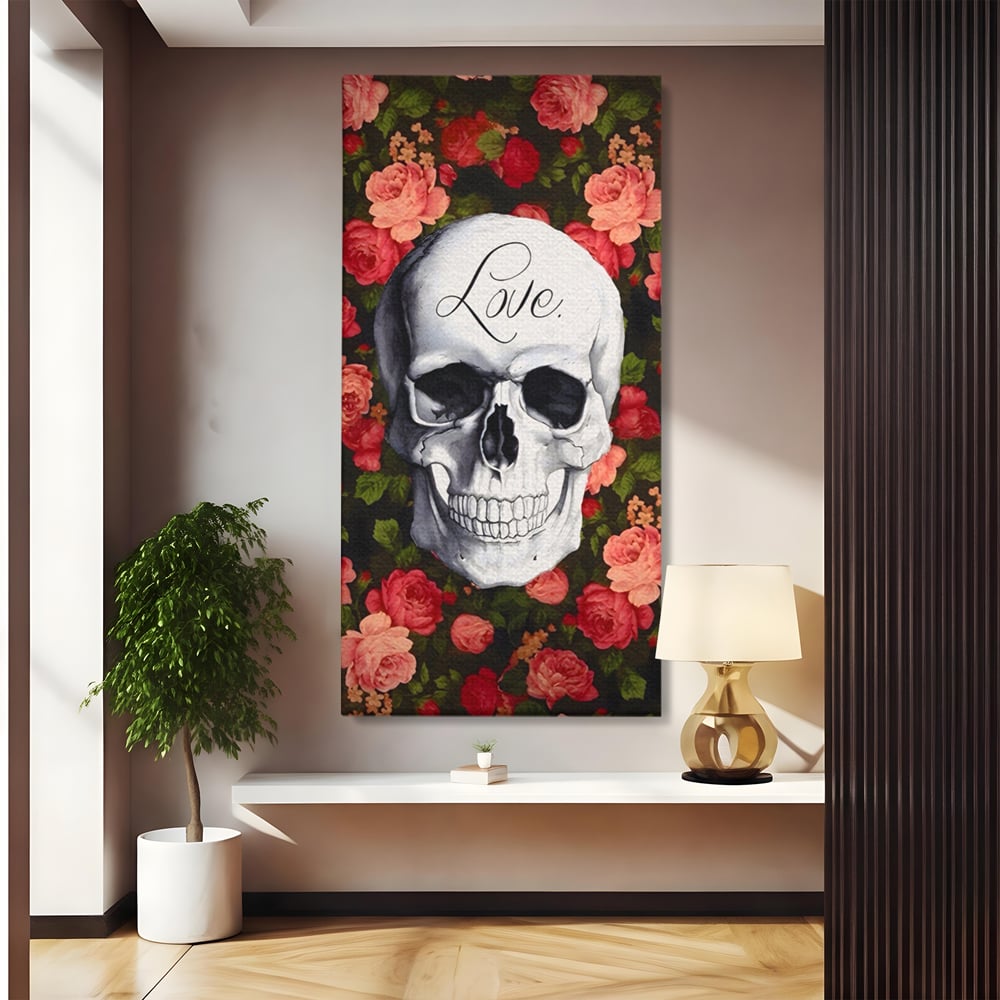 Tablou canvas cu tablou canvas cu craniu si trandafiri, fara rama, pe sasiu de lemn